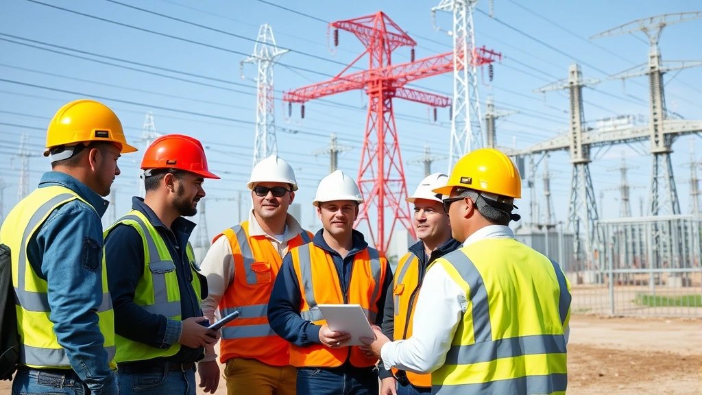 Diverse team of utility workers in safety gear collaborating at a substation with high-voltage transmission towers and modern electrical infrastructure visible in the background, daytime professional environment