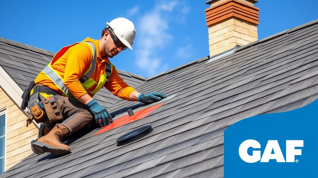 Professional roofing contractor in safety gear installing GAF asphalt shingles on residential home roof with blue sky background, photorealistic detail of shingle installation techniques
