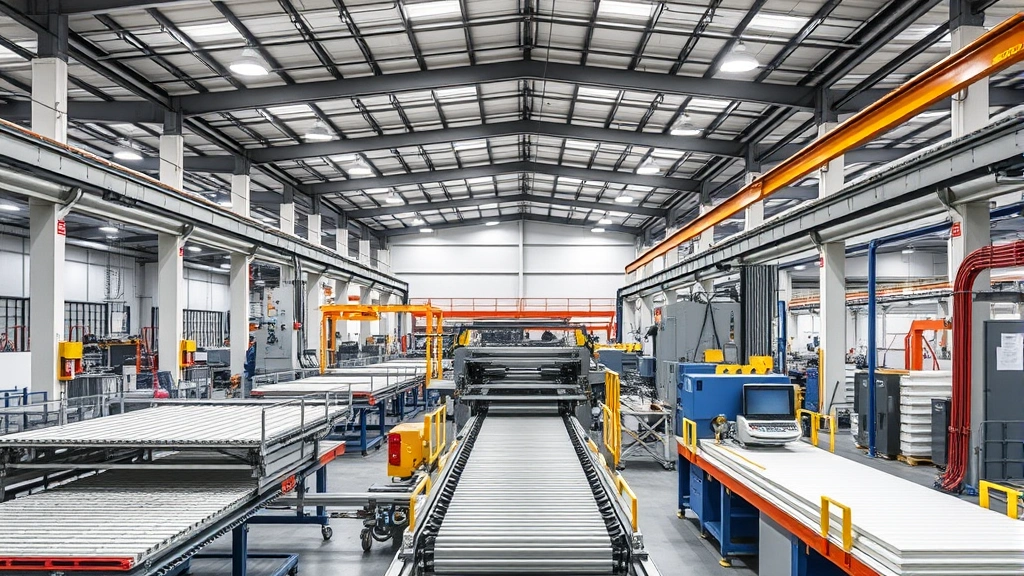 Modern manufacturing facility interior showing automated roofing material production equipment, conveyor systems, and quality control stations with industrial lighting