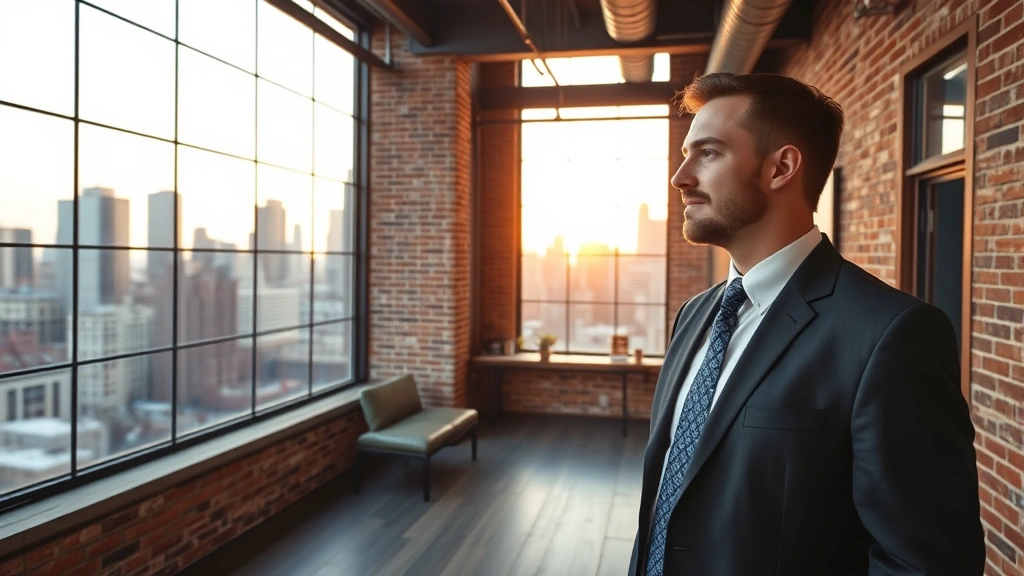 Professional businessman in modern loft apartment with exposed brick walls, high ceilings, steel beams, and industrial windows overlooking urban skyline at golden hour