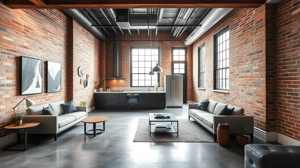 Upscale loft interior featuring original exposed brick, polished concrete floors, contemporary kitchen with stainless steel appliances, and minimalist modern furniture with industrial accents