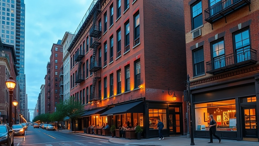 Urban neighborhood street view showing converted gas company loft buildings with brick facades, street-level restaurants and galleries, professionals walking, evening ambiance