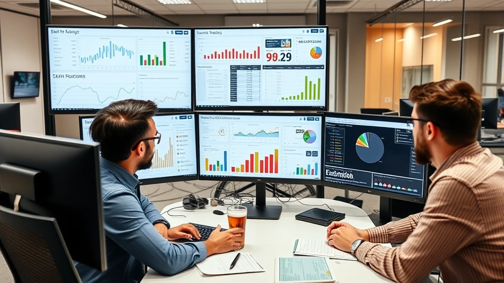 Business team analyzing sales data on multiple computer monitors in office environment, reviewing charts and metrics, collaborative discussion about wholesale beer market performance and strategy