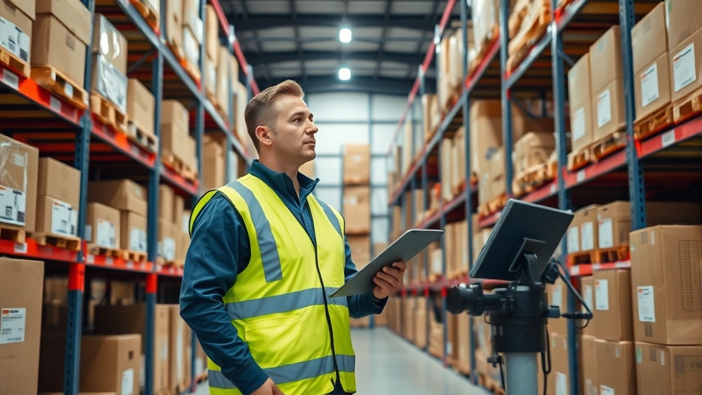Professional warehouse manager in safety vest inspecting organized inventory shelves with labeled boxes and scanning equipment, modern logistics facility interior