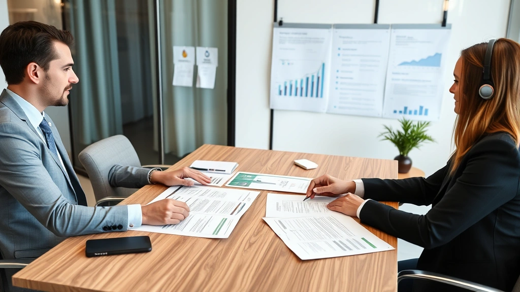 Business negotiation meeting between two professionals at table reviewing product samples and contracts, professional office setting with charts visible