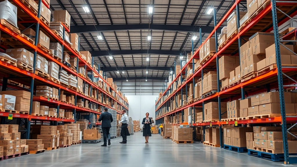 Modern warehouse interior with organized shelving, boxes, and inventory management systems, professional staff in business attire conducting inventory operations, bright fluorescent lighting, clean concrete floors, business efficiency focus