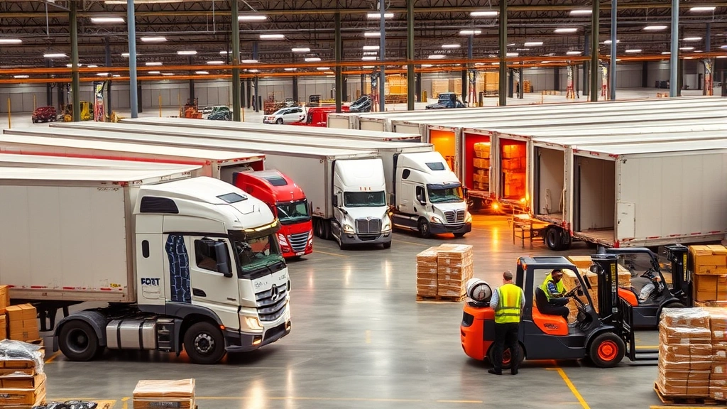 Busy distribution center with multiple loading docks, semi-trucks being loaded, forklifts in motion, organized pallets of goods, professional warehouse workers in safety equipment, daytime operations, industrial scale logistics