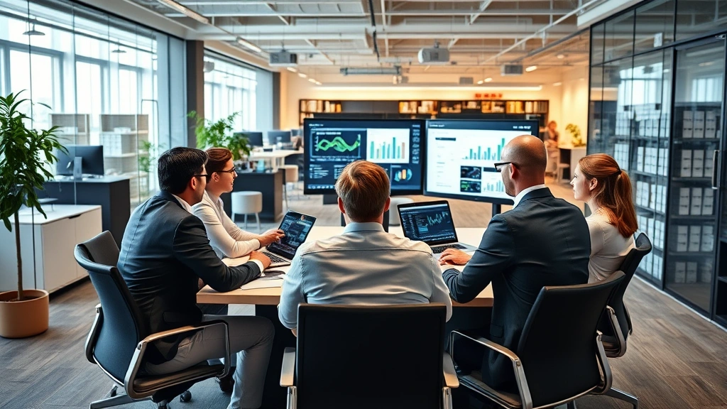 Corporate wholesale office environment showing team meeting around conference table reviewing analytics dashboards on screens, modern office furniture, collaborative business atmosphere, professional business people in discussion, technology-forward setting