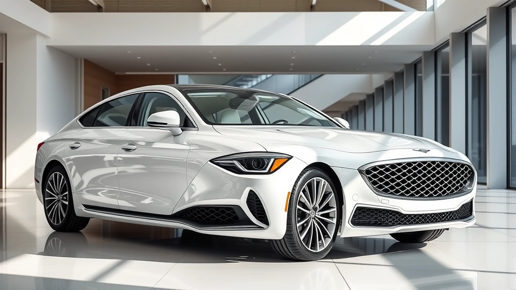 Luxury Genesis sedan parked in elegant modern showroom, minimalist white interior, natural lighting highlighting metallic paint finish and pristine exterior details