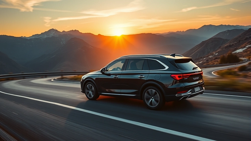 Genesis luxury SUV driving on scenic mountain road, sunrise background, demonstrating sleek design lines and contemporary styling against dramatic landscape