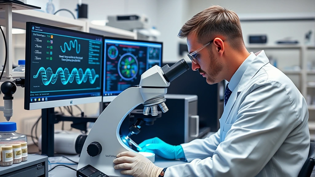 Professional scientist in modern laboratory conducting genetic research with advanced equipment, examining DNA samples under microscope with computer displays showing genomic data, sterile environment with specialized biotechnology instrumentation