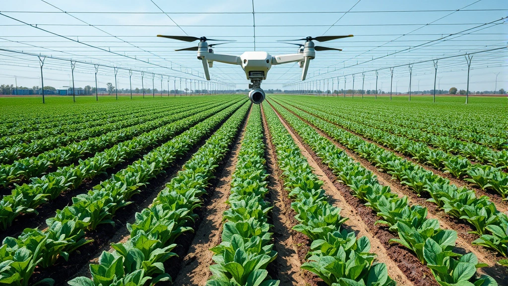 High-tech agricultural field with rows of genetically modified crops showing healthy growth and development, drone monitoring system overhead, sustainable farming landscape demonstrating modern agricultural biotechnology application