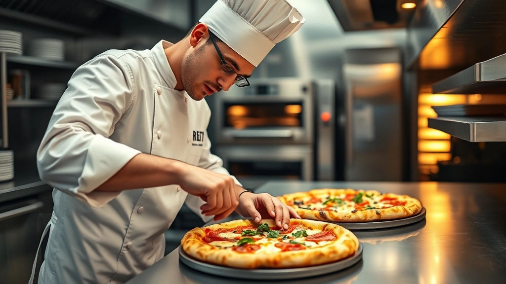 Professional chef in white chef's coat carefully plating gourmet pizza in modern commercial kitchen with stainless steel equipment, warm oven lighting in background, focused expression showing culinary expertise and passion