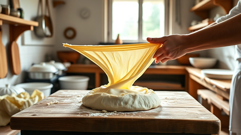 Artisanal fresh mozzarella cheese being stretched by skilled hands over wooden surface in Italian-style kitchen, natural daylight streaming through windows, showing traditional cheesemaking craftsmanship and quality ingredients