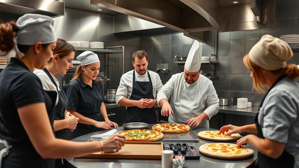 Executive chef conducting staff training session in professional restaurant kitchen, instructing team members on pizza preparation techniques, demonstrating proper methods with hands-on guidance and mentorship atmosphere