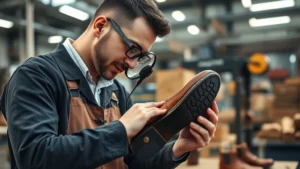 Professional craftsman inspecting leather work boots in manufacturing facility, examining sole stitching detail with magnifying lens, industrial workshop background with quality control station, natural lighting highlighting leather texture