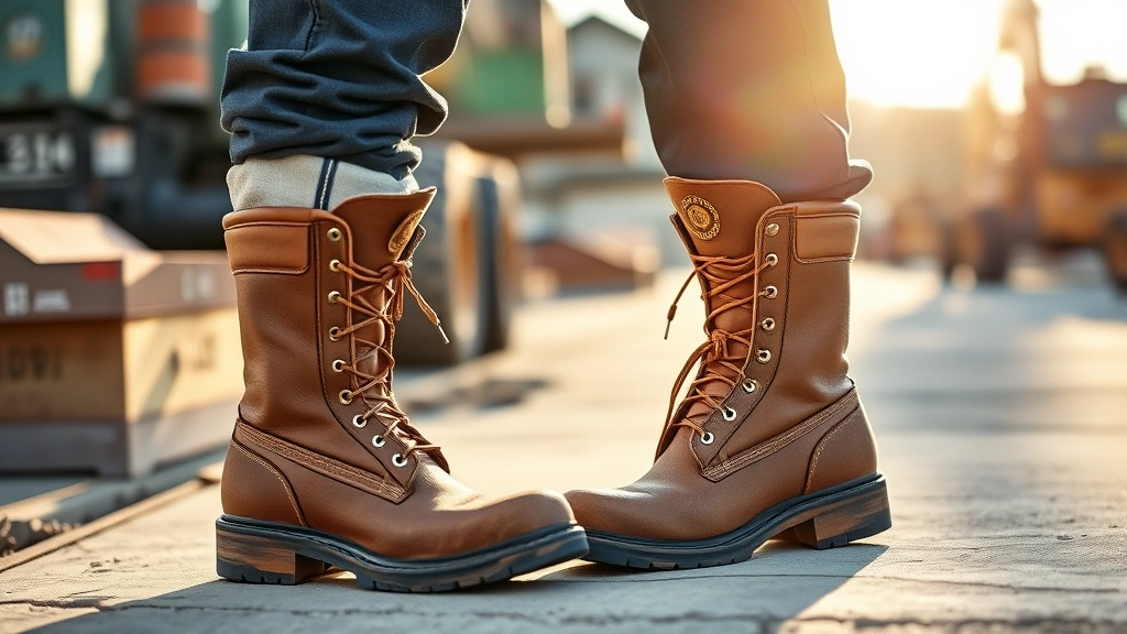 Construction worker wearing Georgia brand work boots on active job site, standing on concrete with heavy equipment visible, boots showing practical wear and durability, authentic workplace setting with morning light