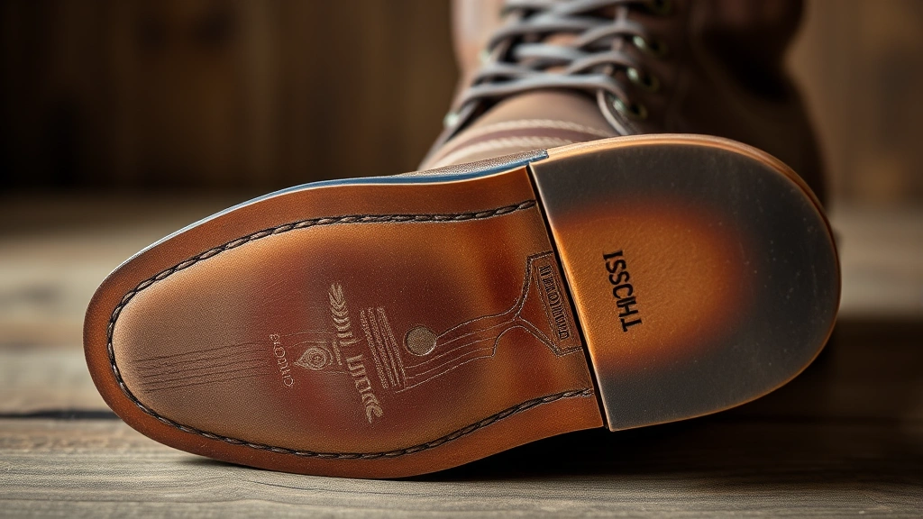 Close-up detail of premium leather boot sole showing Goodyear welt construction, stitching patterns visible, worn patina demonstrating longevity, boots positioned on wooden surface with professional lighting showcasing craftsmanship