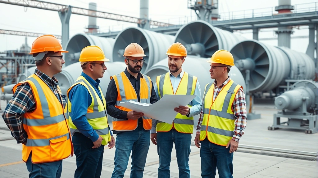 Diverse team of utility professionals in hard hats and safety vests collaborating at power generation facility, examining equipment and reviewing plans, modern industrial setting with turbines and infrastructure visible