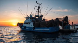 Commercial fishing vessel loaded with shrimp nets preparing to depart from Georgia coastal dock at sunrise, professional maritime photography