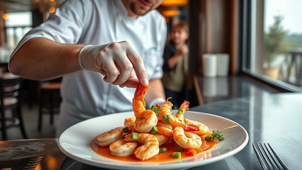 Restaurant chef plating fresh Georgia shrimp dish with coastal ambiance, professional food photography showcasing local seafood quality
