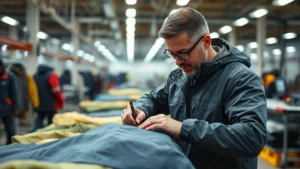 Professional outdoor apparel manufacturing facility showing quality control technician inspecting seam construction details and fabric weaving patterns on technical jacket materials under bright lighting