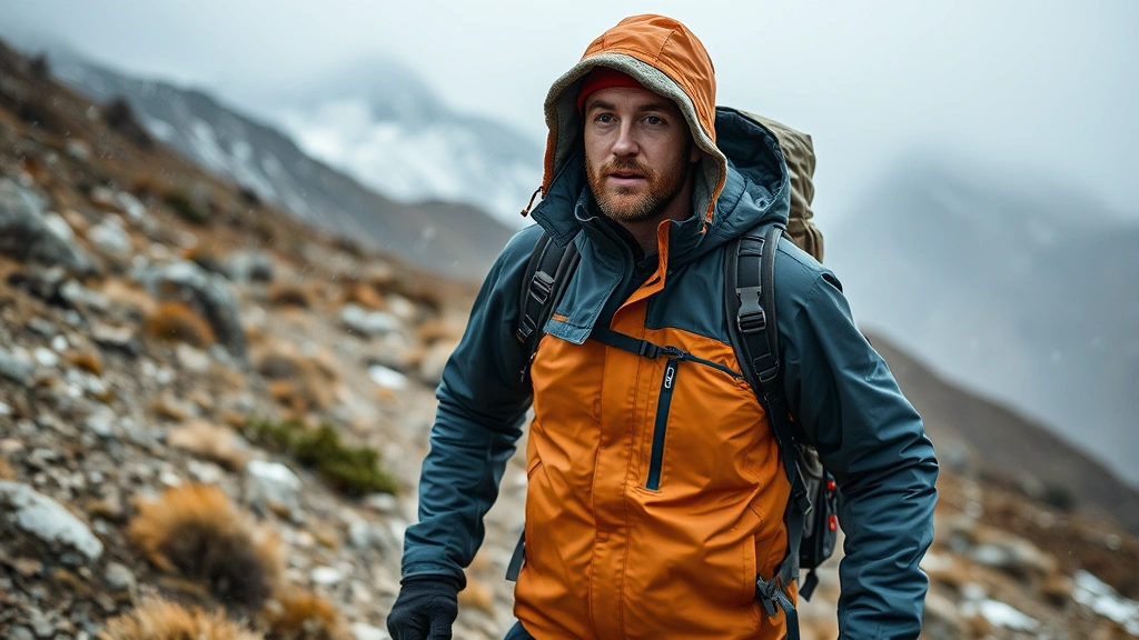 Experienced outdoor enthusiast wearing Gerry technical jacket during challenging weather conditions on mountain trail, demonstrating real-world performance and durability during extended expedition