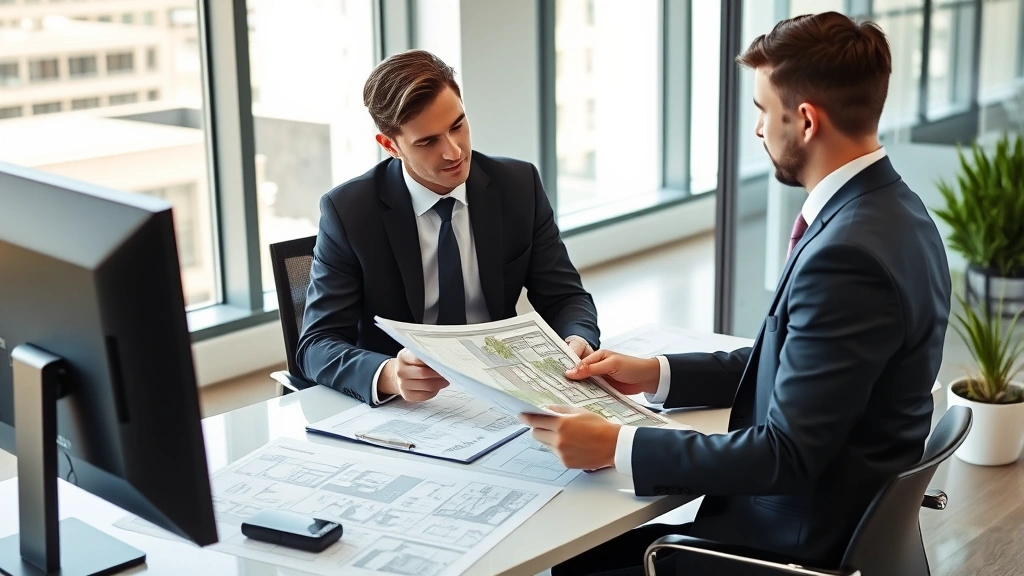 Professional property manager in business attire reviewing residential property documents at modern office desk with computer and architectural plans, natural lighting, contemporary office environment