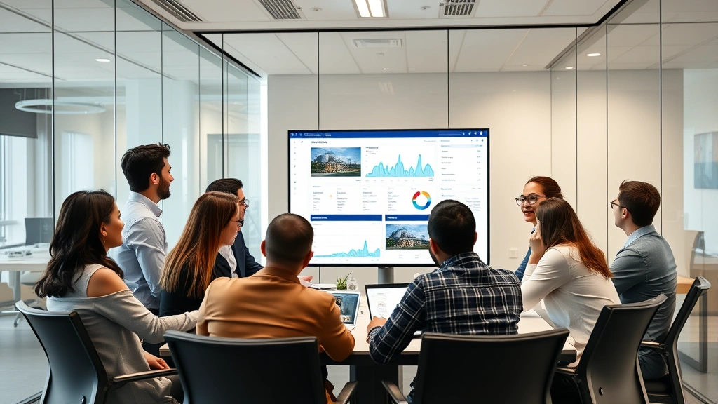 Diverse team of property management professionals in business casual clothing collaborating in modern conference room with glass walls, reviewing property portfolios and data analytics on large display screen