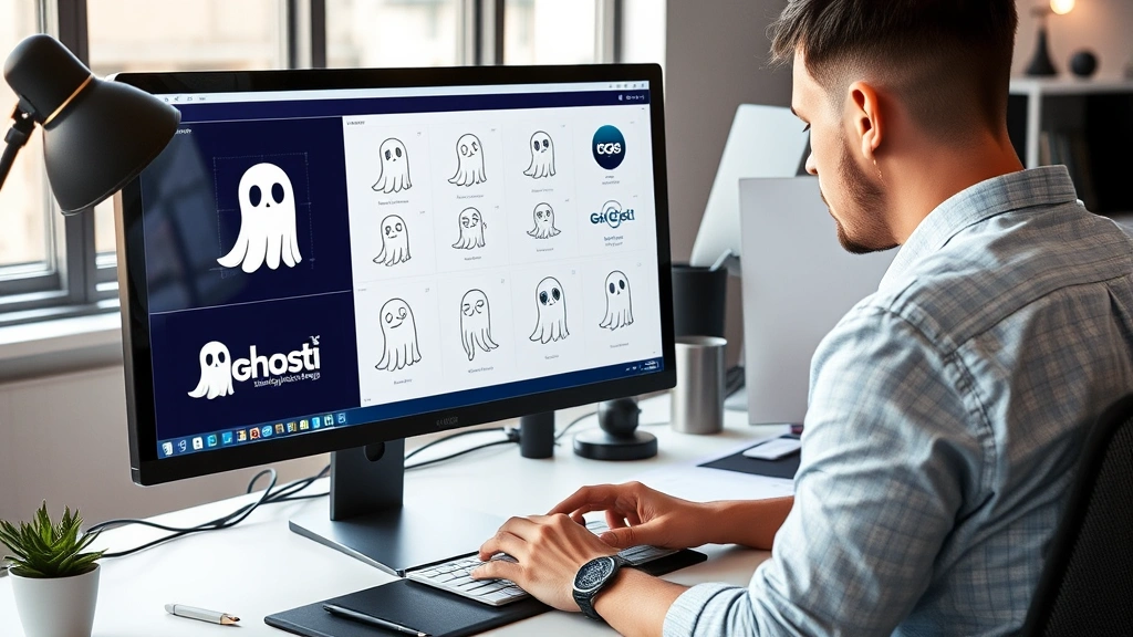 Designer working on ghost logo concepts on computer screen, creative workspace with multiple design sketches, tech company branding project, professional design studio environment, modern office setup