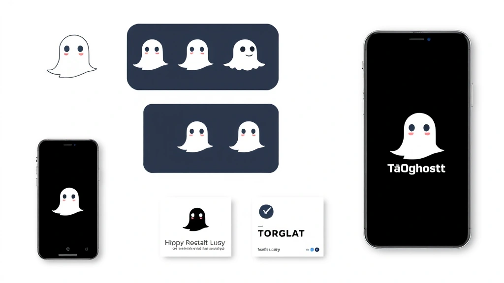 Ghost logo variations displayed across multiple devices and applications, smartphone screens, tablet displays, business cards, showing brand consistency, tech company digital marketing materials