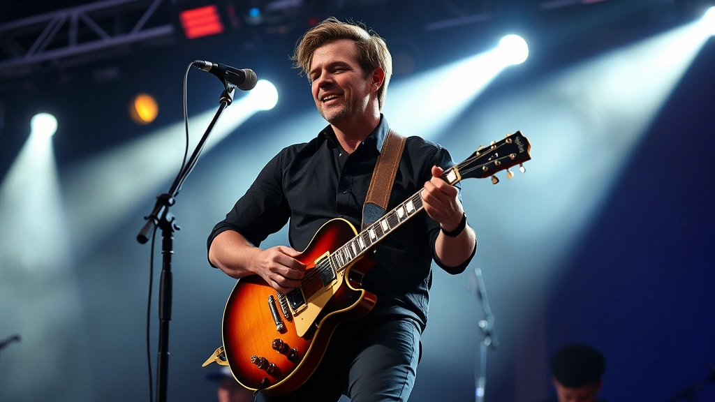 Professional musician performing on stage with Gibson Les Paul electric guitar, dramatic stage lighting, focused expression, concert atmosphere, high-end professional setting