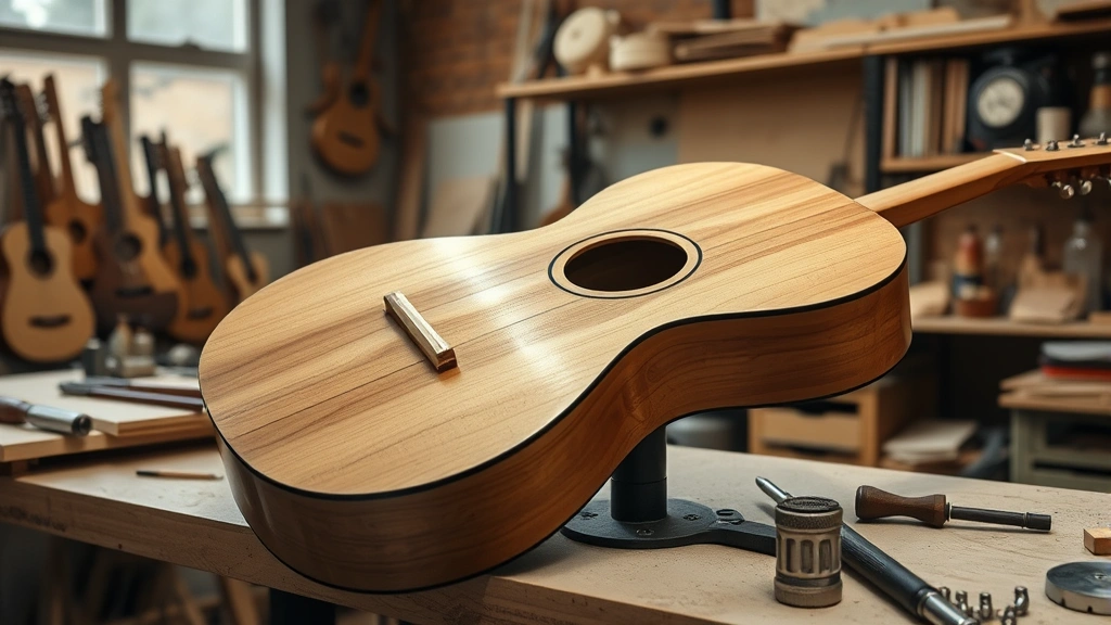Modern guitar manufacturing workshop showing luthier crafting wooden guitar body at workbench with hand tools, precision woodworking, natural lighting, artisanal craftsmanship
