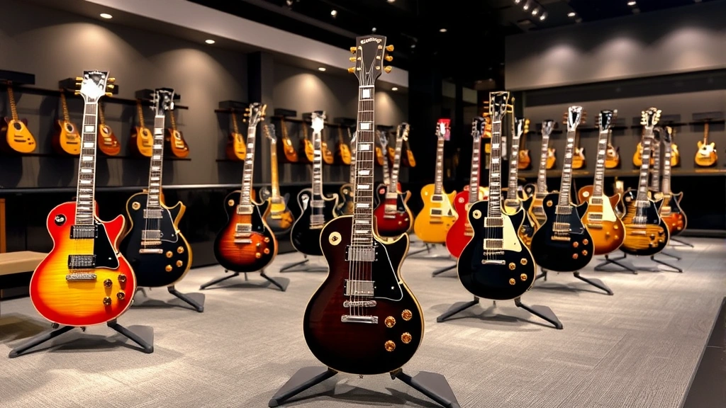 Contemporary guitar showroom display featuring multiple Gibson models on stands, sleek retail environment, professional lighting highlighting instrument details and finishes