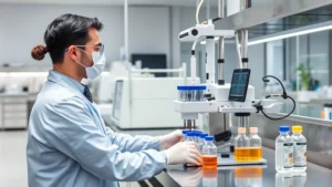 Professional laboratory technician operating advanced liquid handling automation system with precision pipetting equipment, modern clean lab environment with stainless steel workstations and digital displays