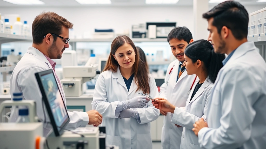 Team of laboratory professionals collaborating around modern analytical equipment in pharmaceutical research facility, diverse scientists examining results on integrated digital screens, professional corporate setting