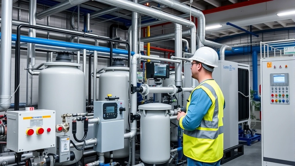 Professional water treatment facility with modern filtration equipment and control systems, technician in safety gear monitoring advanced machinery in industrial setting, clean and organized utility infrastructure environment