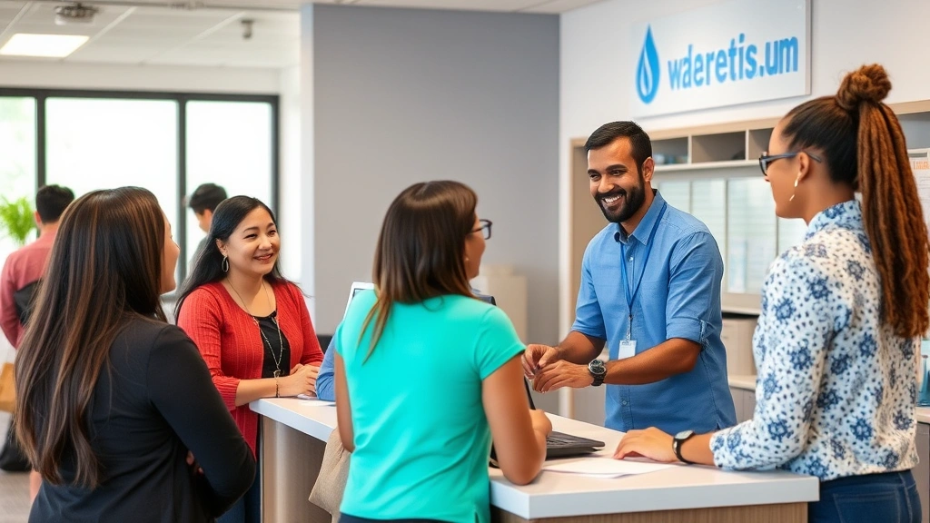 Customer service representative assisting diverse clients at water utility office counter, friendly professional interaction with community members discussing water bills and services, modern office environment with helpdesk setup