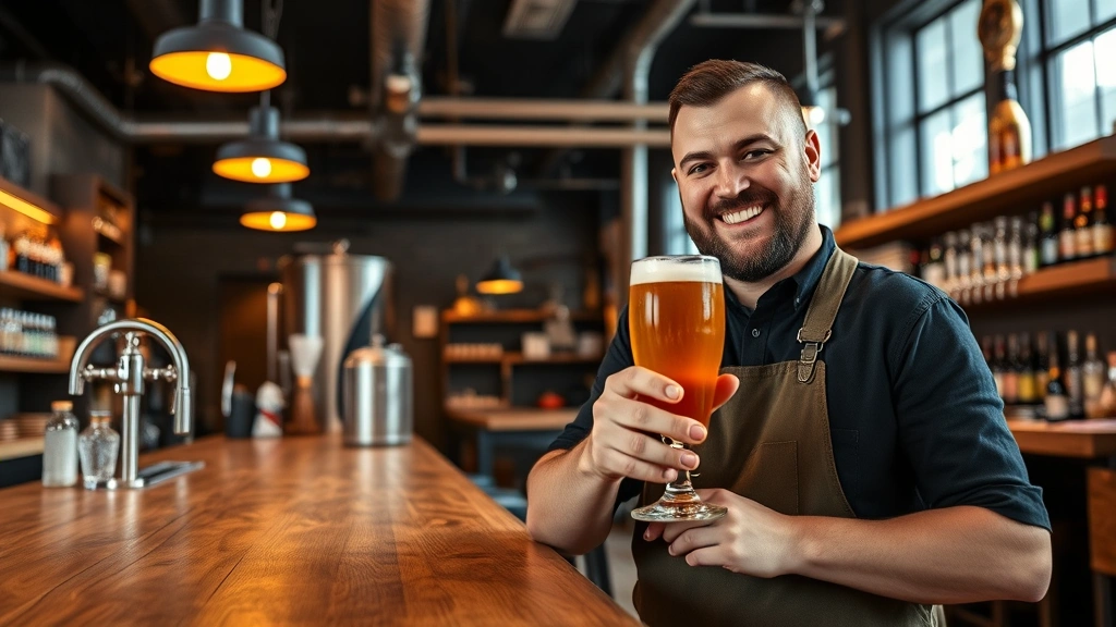 Craft brewery founder in modern taproom with wooden bar and ambient lighting, holding premium beer glass, warm professional atmosphere