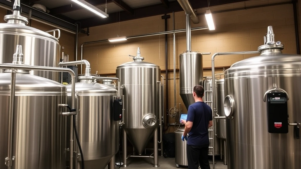 Small-batch beer production facility with stainless steel tanks, quality control testing equipment, and dedicated brewery staff in action