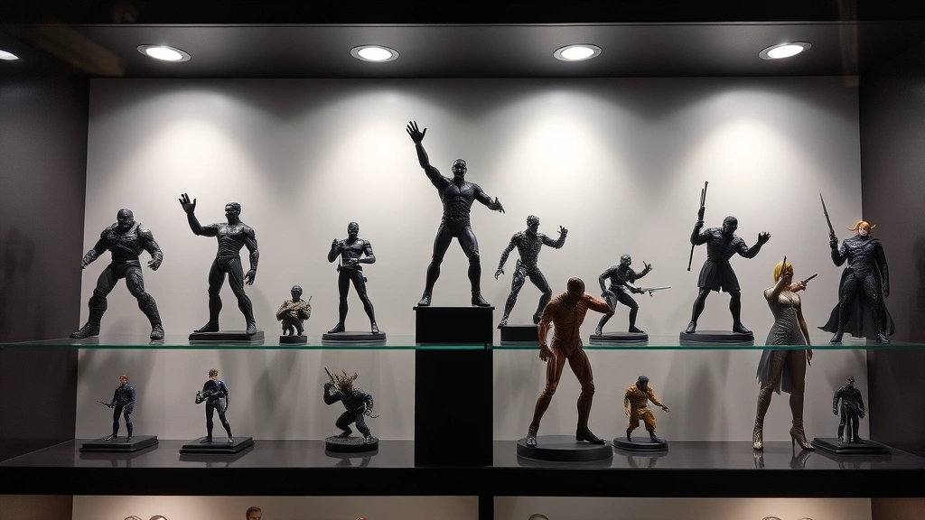 Collector's display shelf with multiple articulated figures in dynamic poses at various heights, professional museum-quality display case with soft accent lighting, organized collection aesthetic
