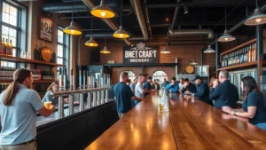 Professional craft brewery interior with wooden bar counter, beer taps, warm lighting, customers enjoying beverages, modern industrial design elements, no visible text or signage