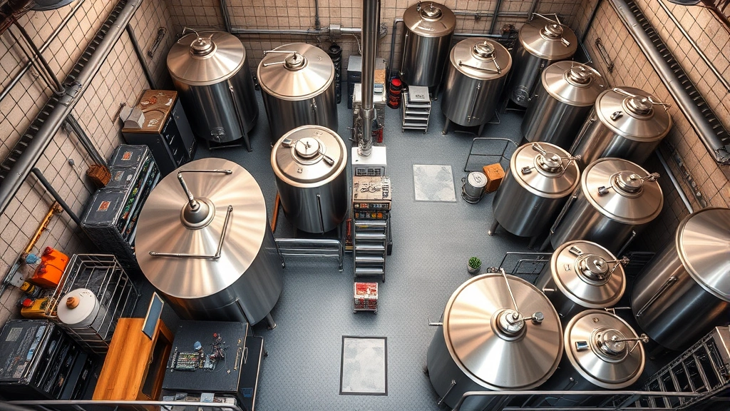 Overhead shot of craft beer production facility showing stainless steel brewing equipment, fermentation tanks, organized workspace, professional brewery environment, industrial aesthetic