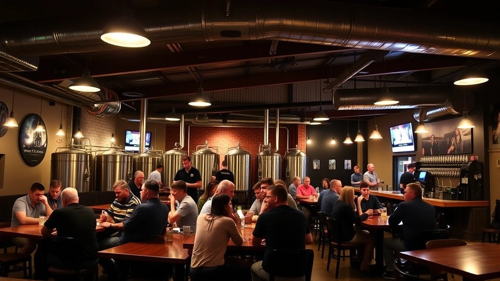 Brewery taproom gathering space with customers at tables, comfortable seating, ambient lighting, social atmosphere, people enjoying craft beer experience, welcoming interior design