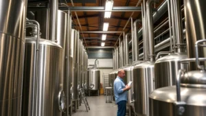 Professional brewery facility interior showing stainless steel fermentation tanks in organized rows, warm industrial lighting, clean production environment, brewmaster examining equipment