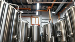 Professional craft brewery interior with stainless steel fermentation tanks, copper pipes, and modern brewing equipment in a well-lit facility