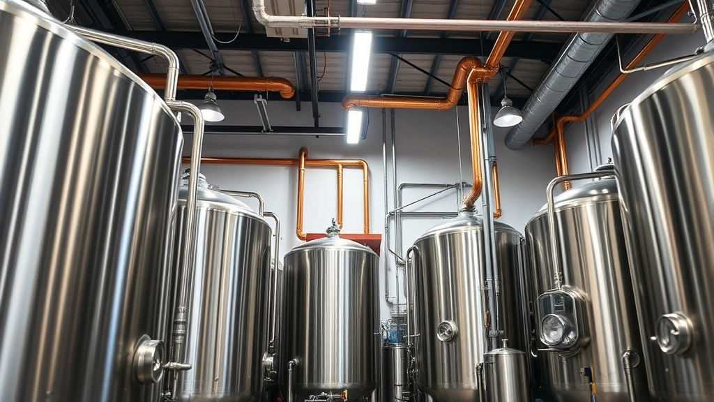 Professional craft brewery interior with stainless steel fermentation tanks, copper pipes, and modern brewing equipment in a well-lit facility