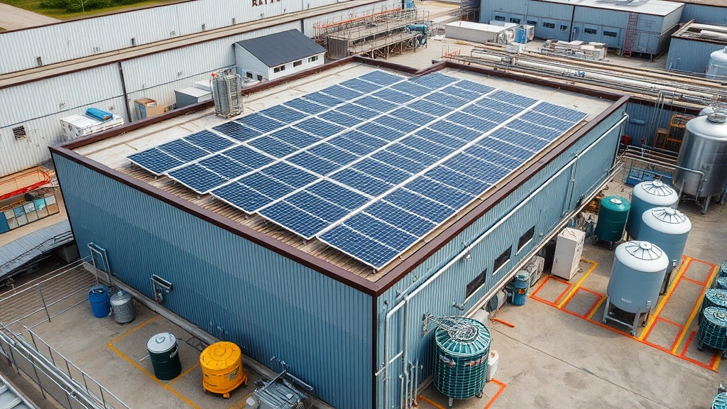 Sustainable brewery operations showing solar panels on facility roof, water treatment systems, organized recycling stations, renewable energy infrastructure in professional industrial setting