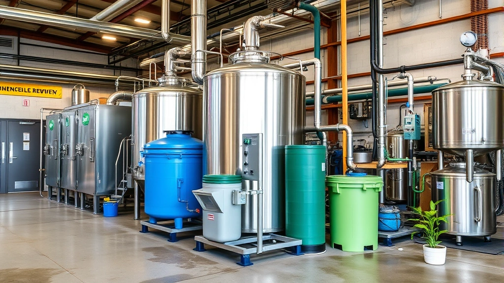 Sustainable brewery operation showing recycling systems, water treatment equipment, and green production facilities demonstrating environmental commitment