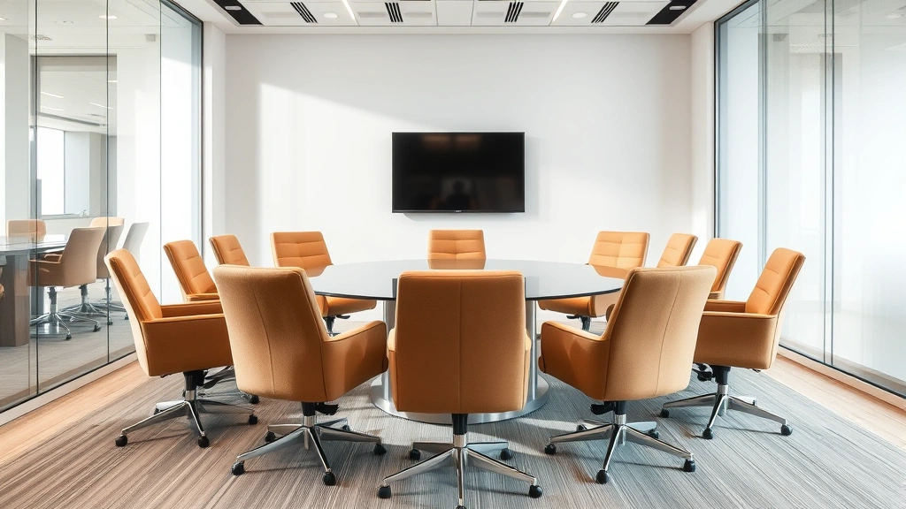 Modern office conference room with premium upholstered chairs in neutral earth tones, glass table, natural light, professional corporate environment, clean minimalist aesthetic